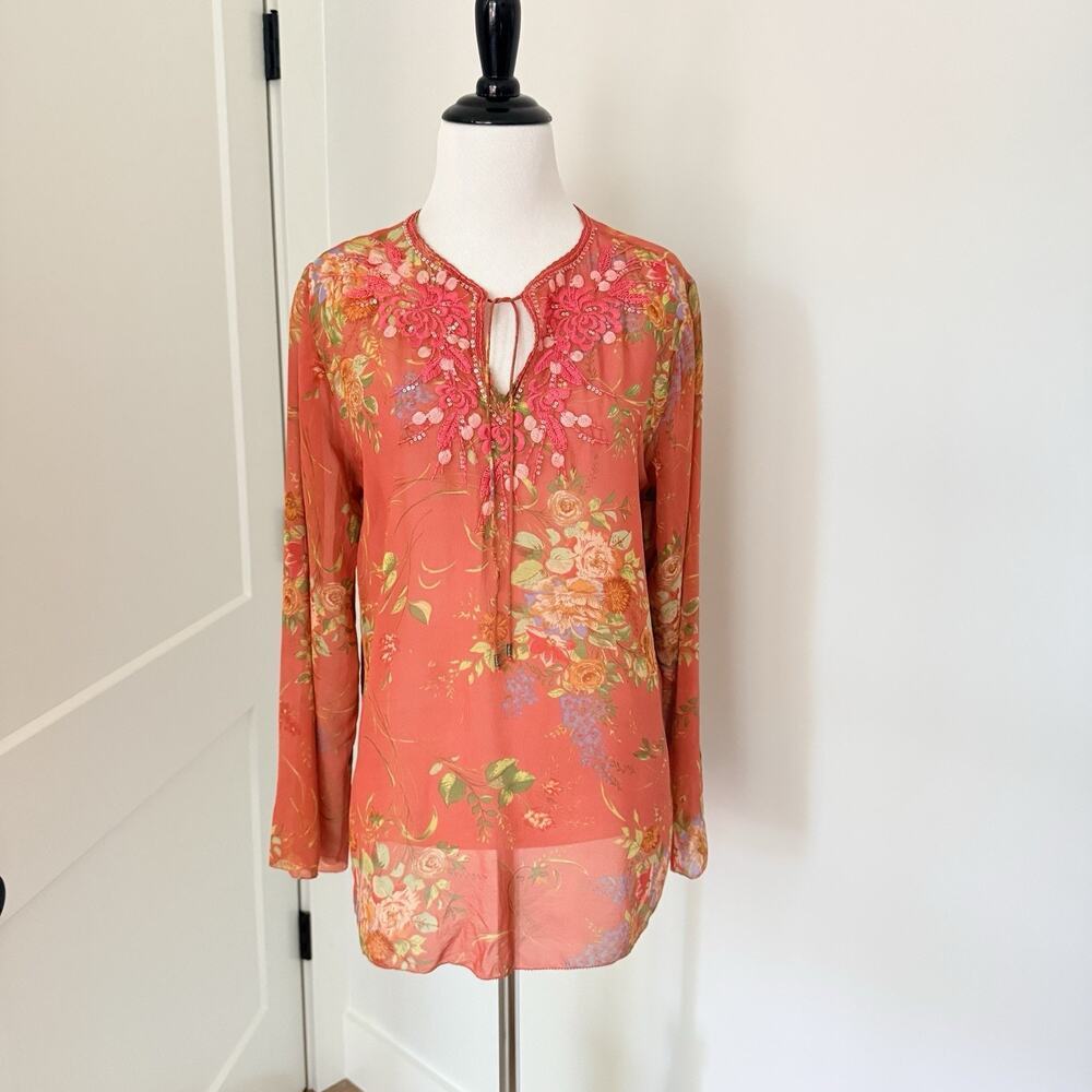 Cabi Coral Floral Lightweight Silk Sequin Embellished Embroidered Blouse Size S - Picture 4 of 15